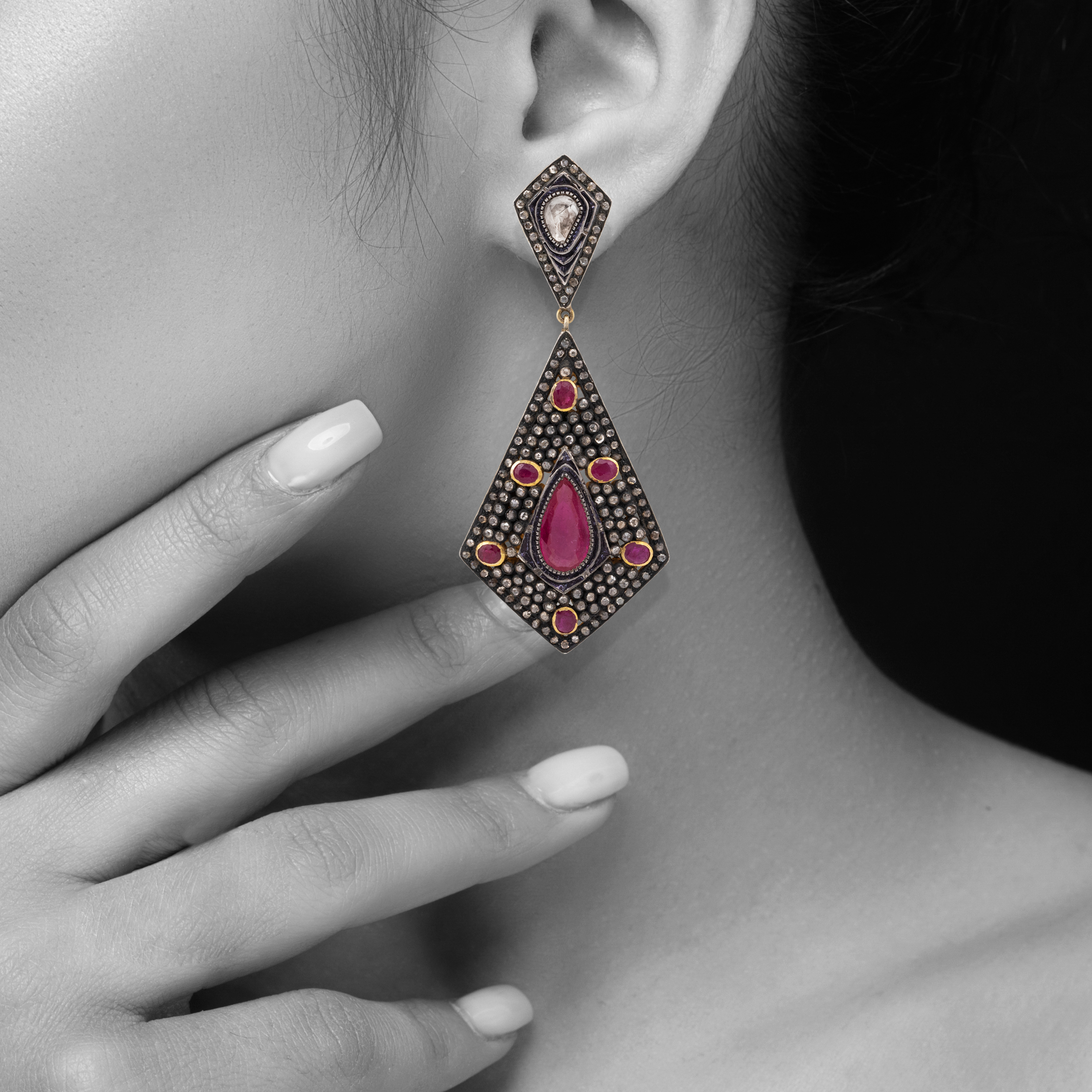 Kite-Shaped Antique Earrings with Ruby and Rose-Cut Diamonds